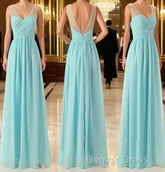 Cheap Simple Junior Strapless Sweetheart Blue Chiffon A-Line Floor-Length Wedding Party Bridesmaid Dresses ,